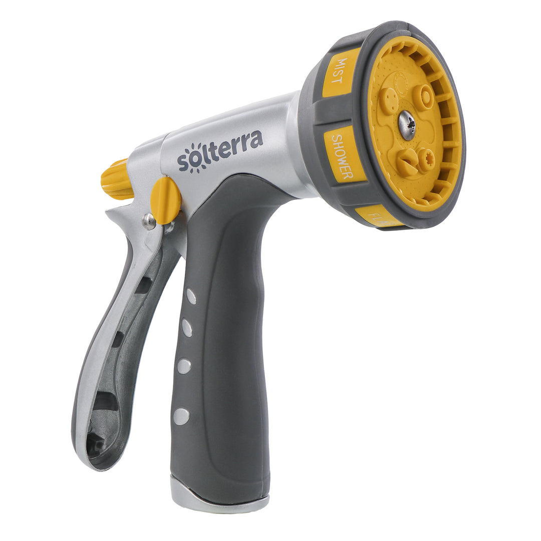 Gray, charcoal and yellow seven pattern garden hose nozzle with rear trigger.