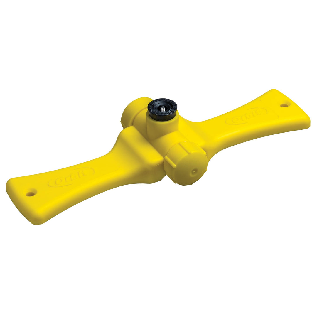 Port-a-rain plastic yellow sprinkler base with black nozzle.