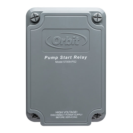 57009 - 1-2 Horsepower pump start relay automatically syncs your pump for watering with your automatic sprinkler timer. It is compatible with 24-volt sprinkler systems and includes a weather-resistant plastic case for outdoor installation.