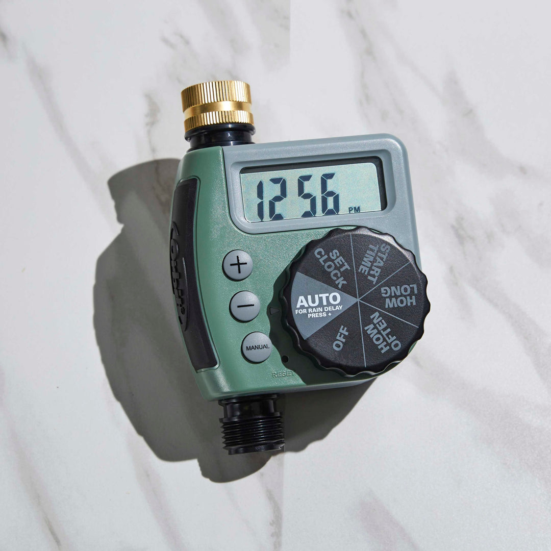 50020 - The digital timer features rain delay so you are not watering in the rain. A run time of 1-240 minutes, with intervals from every 6 hours to once every 7 days. Requires 2-AA Alkaline batteries (Not Included).
