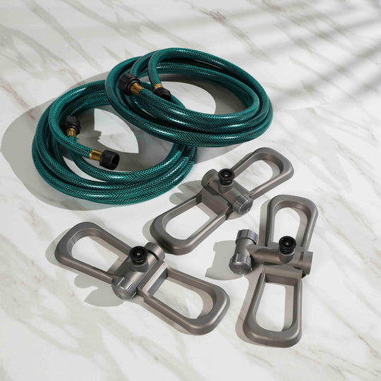 Orbit 58871 port-a-rain above-ground system sprinkler. Includes: Two 12-foot reinforced garden hoses and three adjustable Port-A-Rain sprinkler heads.