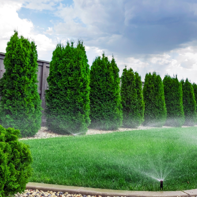 Sprinklers watering grass. 
