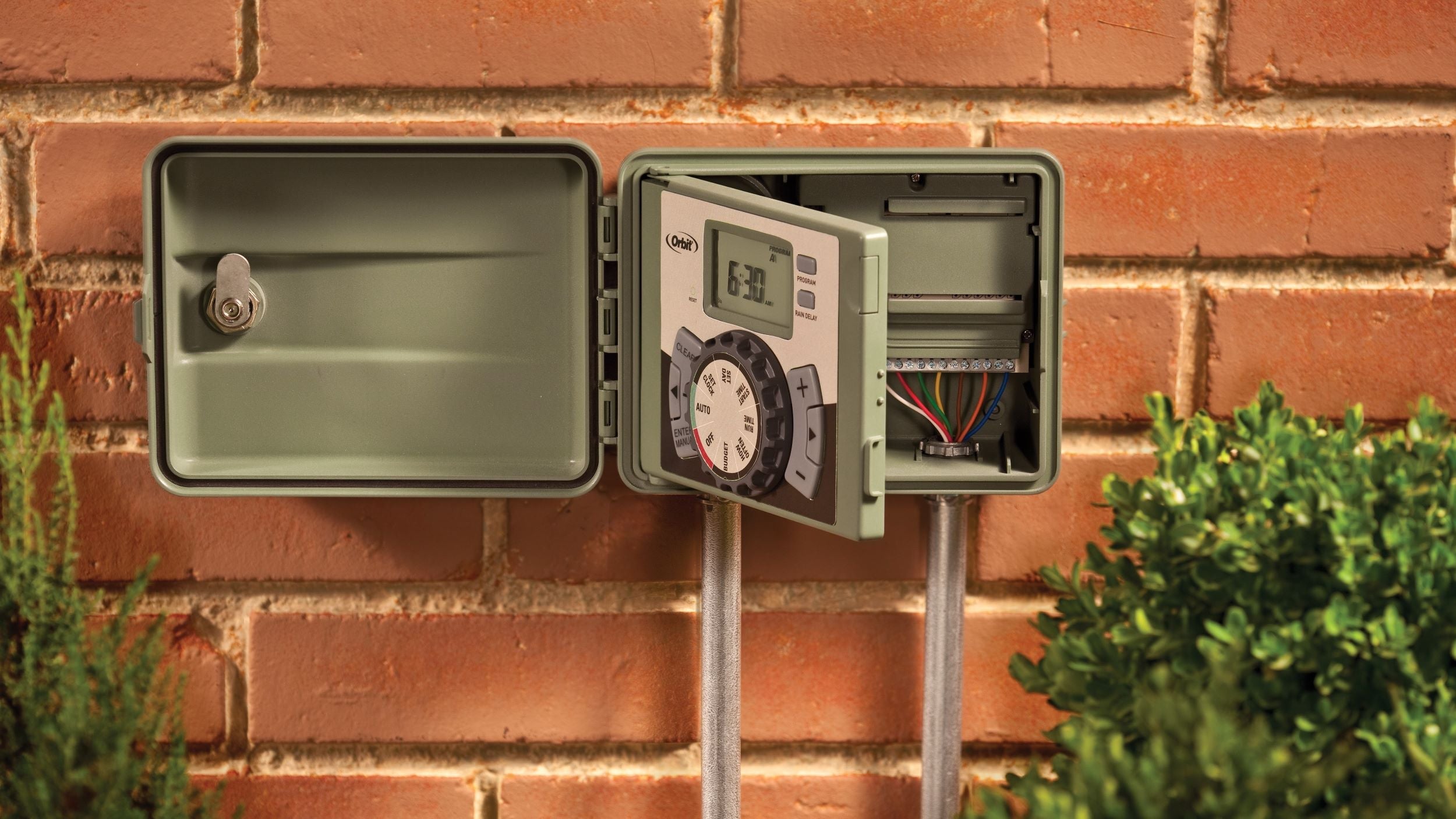 Irrigation Controller on brick wall showing connections 