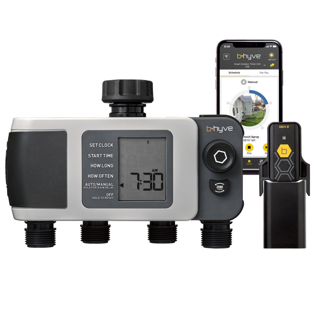 Temporizador de riego inteligente para grifo de manguera de 4 salidas B-hyve XD con hub inteligente B-hyve de 2.ª generación | 24639