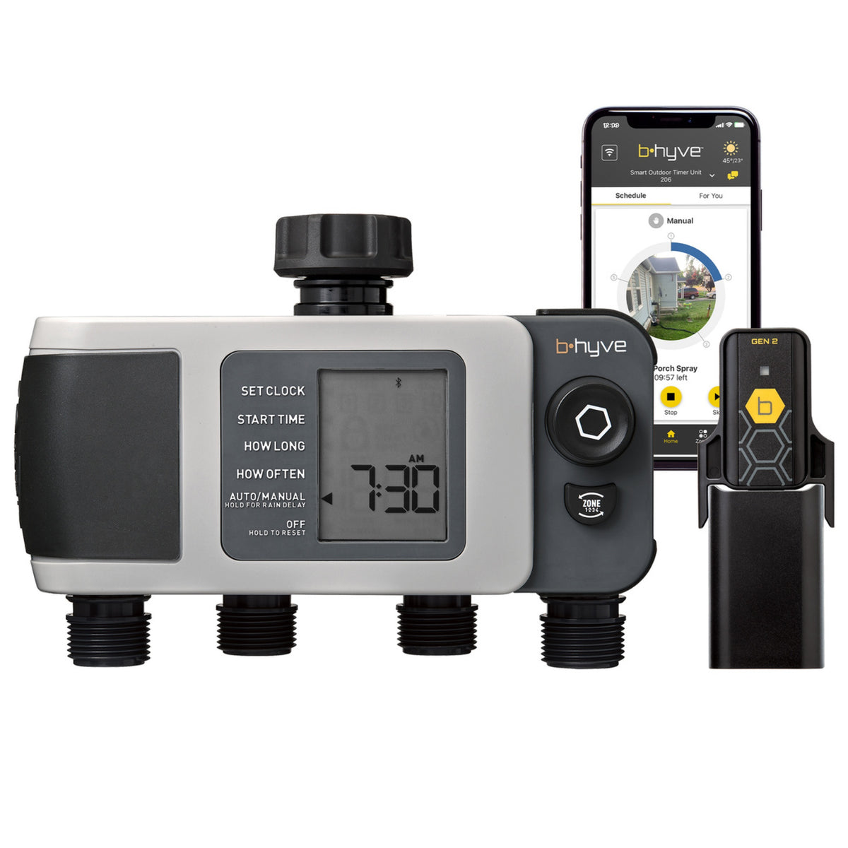 Temporizador de riego inteligente para grifo de manguera de 4 salidas B-hyve XD con hub inteligente B-hyve de 2.ª generación | 24639