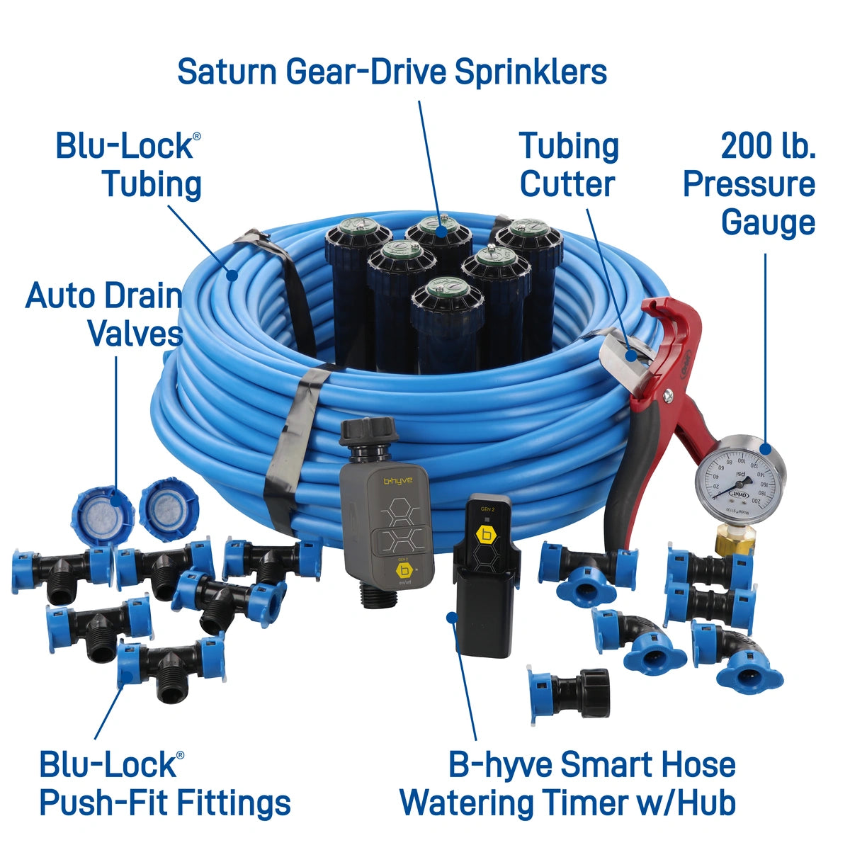 One Zone, In-Ground Sprinkler System with Blu-Lock Tubing System and B-hyve Wi-Fi Smart Hose Faucet Timer | 50024