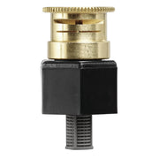 A close-up of a plumbing or irrigation valve component with a black square body, a brass top fitting, and a threaded lower section, shown against a solid background.