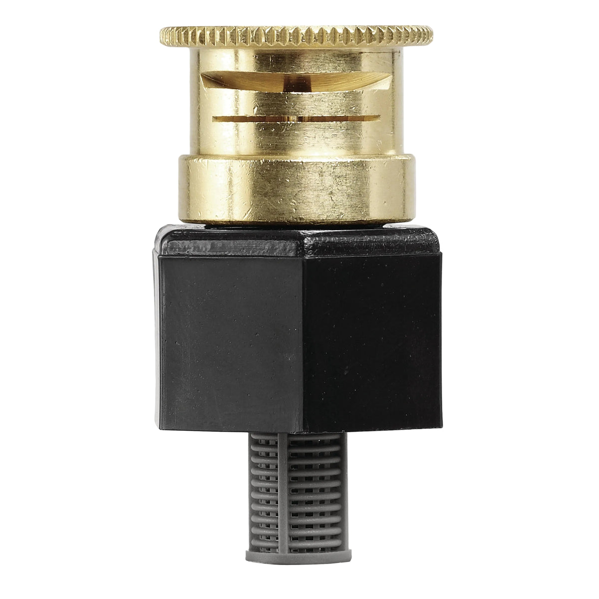 A close-up of a plumbing or irrigation valve component with a black square body, a brass top fitting, and a threaded lower section, shown against a solid background.