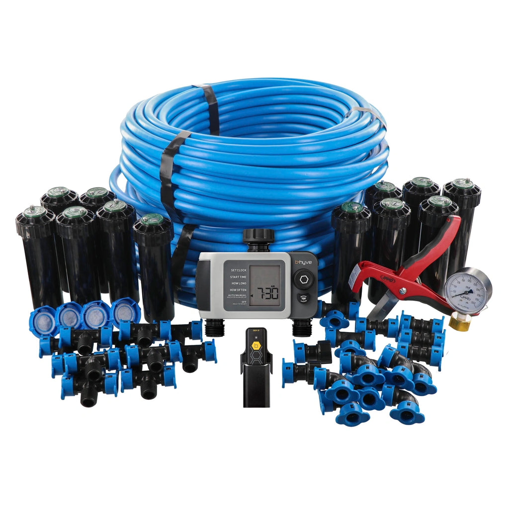 Two Zone, In-Ground Sprinkler System with Blu-Lock Tubing System and B-hyve Wi-Fi Smart Hose Faucet Timer | 50023