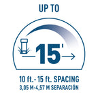 Icon of a plant with text indicating up to 15 feet spacing on a white background
