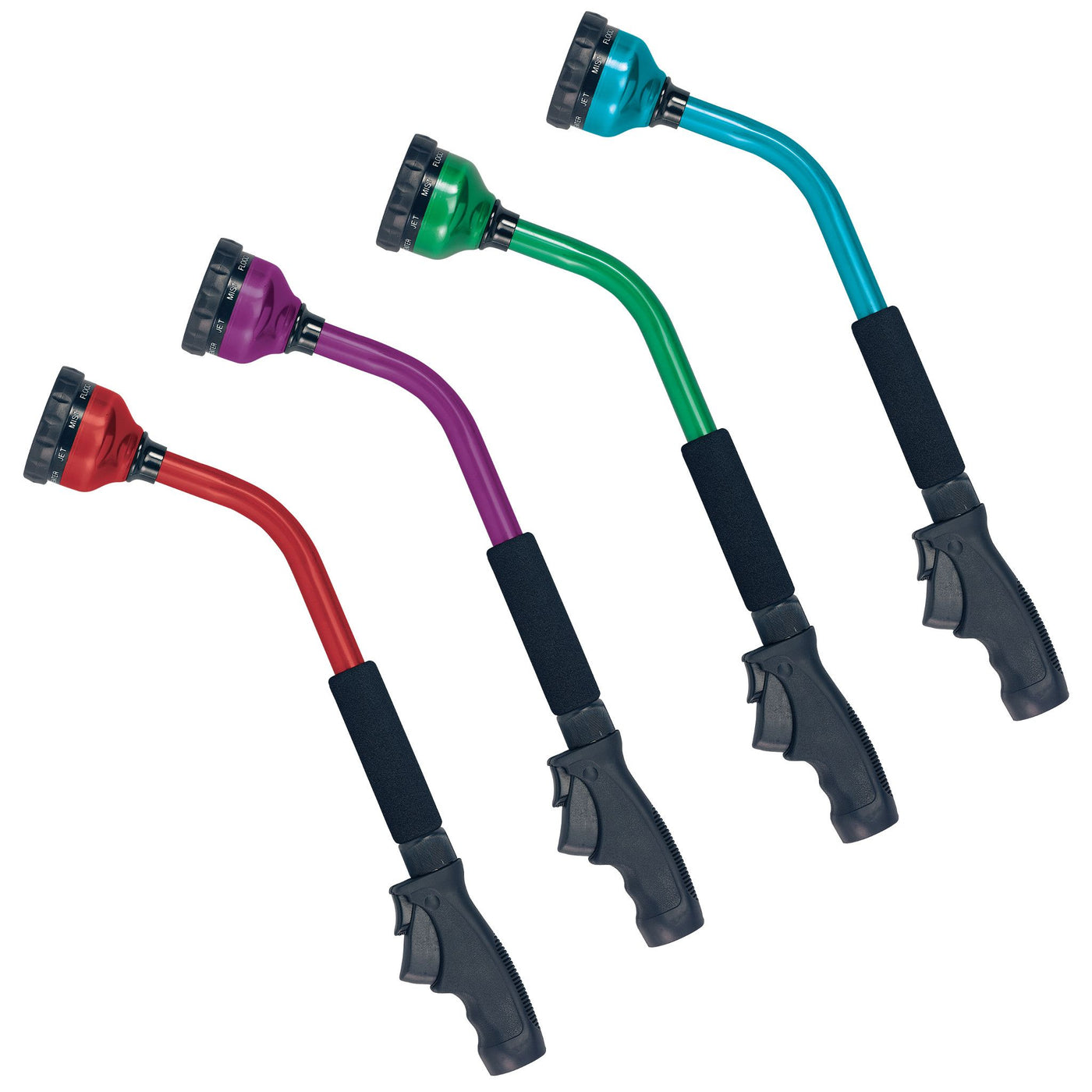 18-inch 9-pattern ratchet front trigger wands displayed in red, purple, green and blue. 