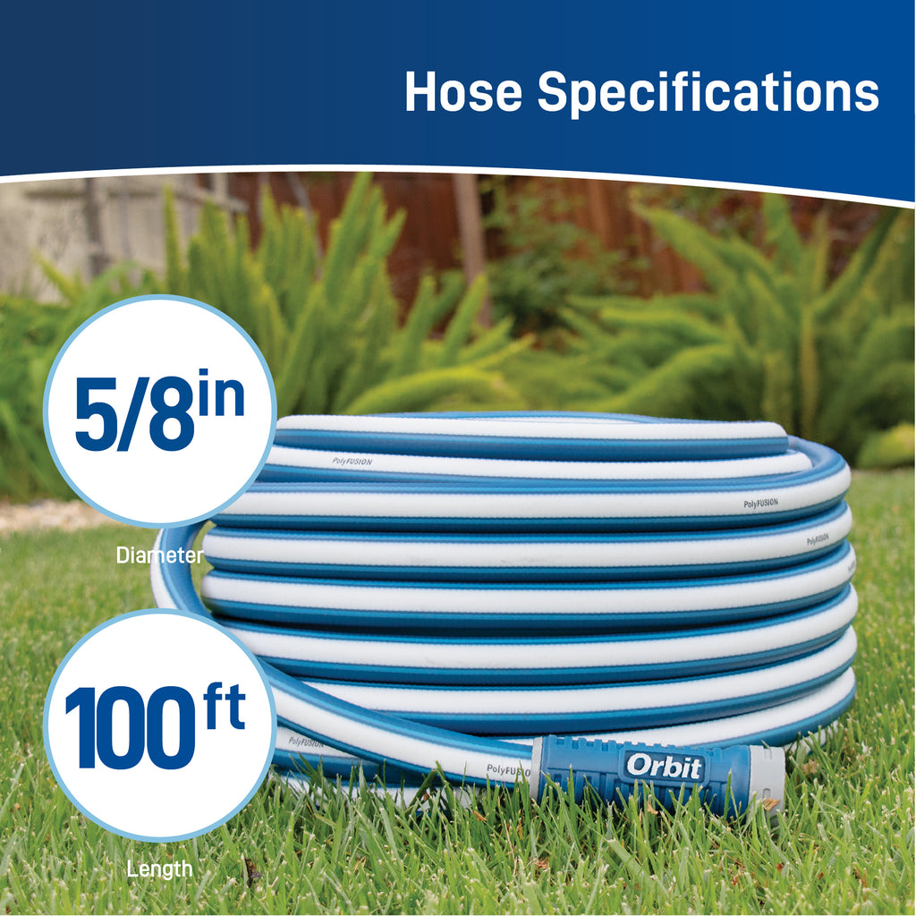 Blue and white garden hose with specifications on a grassy background