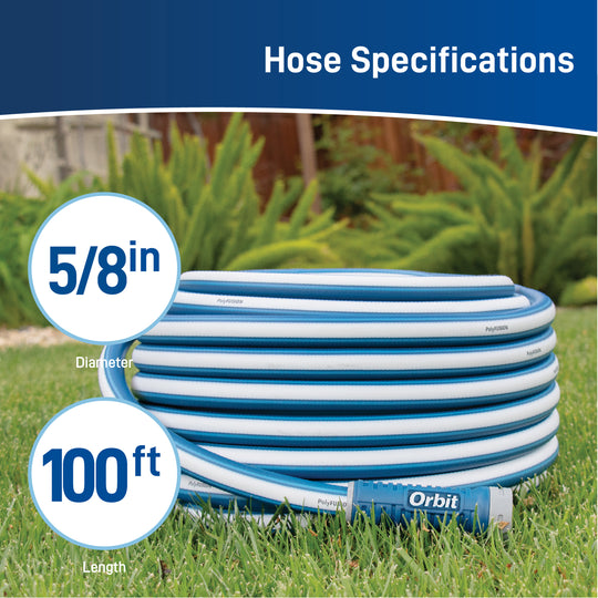 Blue and white garden hose with specifications on a grassy background