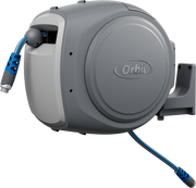 Gray Orbit brand hose reel with blue hose on a white background