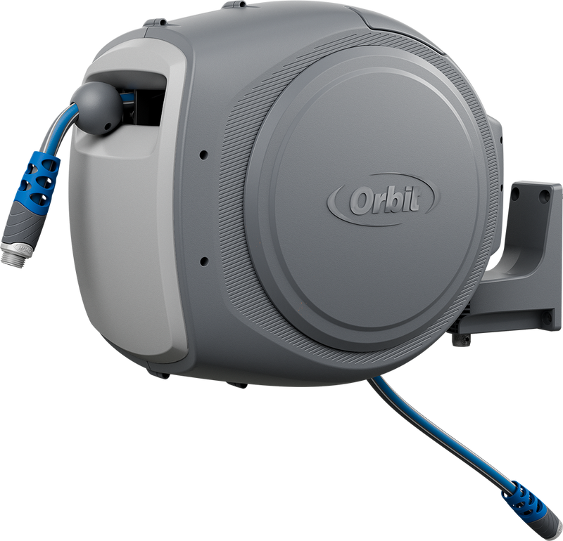Gray Orbit brand hose reel with blue hose on a white background