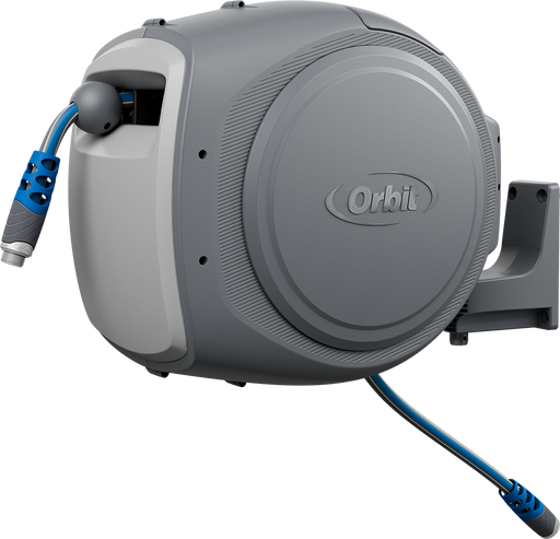 Gray Orbit brand hose reel with blue hose on a white background