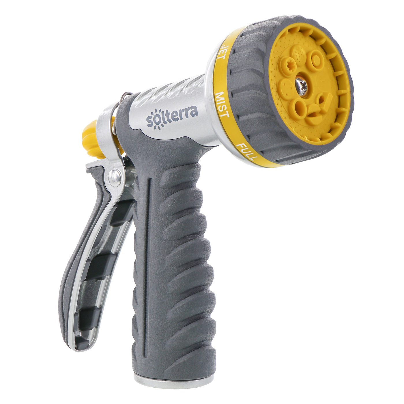 Gray, charcoal and yellow eight pattern garden hose nozzle with rear trigger. 