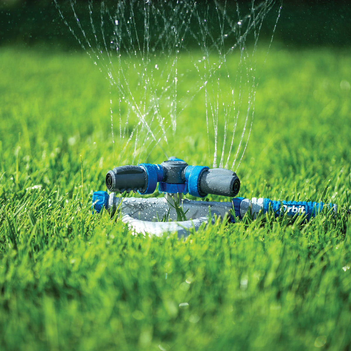 Sprinkler watering grass on a sunny day