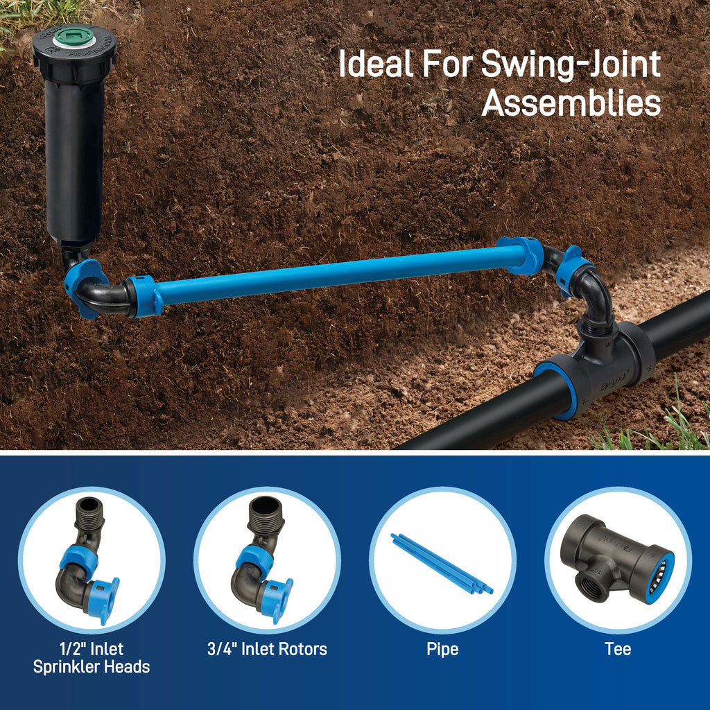Garden irrigation system with blue and black pipes against a dirt background, featuring text 'Ideal For Swing-Joint Assemblies'.