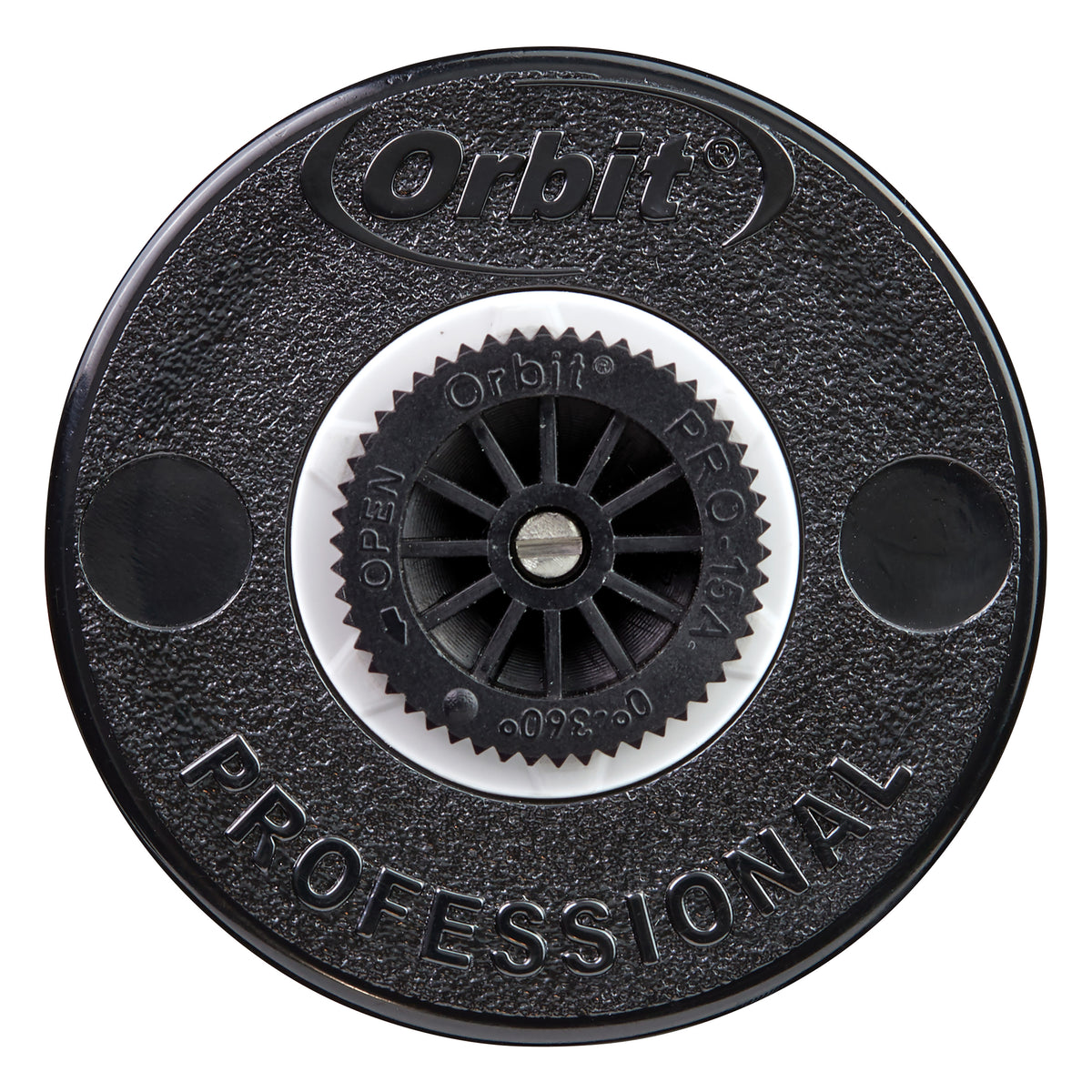 Black and white gear-like object with 'Orbit' branding on a white background
