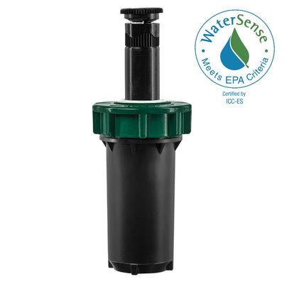 Two inch professional hard top pressure-regulating pop-up spray head sprinkler with nozzle that meets water sense EPA criteria. 