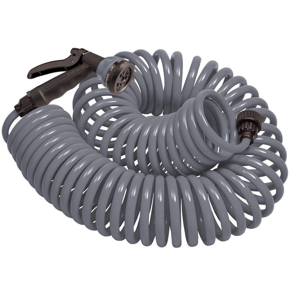 Manguera en espiral gris de 15 m con boquilla de plástico de 8 patrones 27560