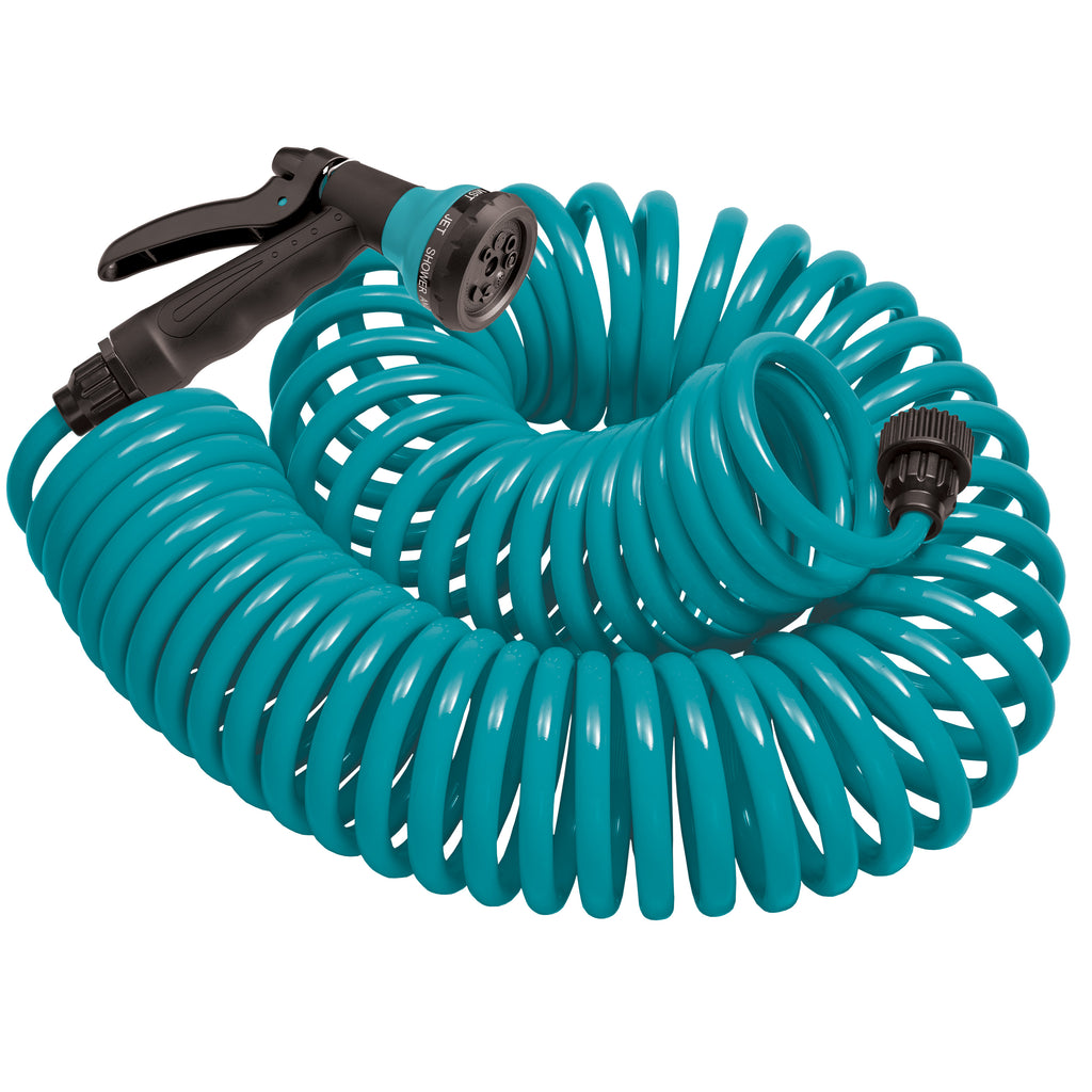 Manguera en espiral azul de 15,24 m con boquilla de plástico de 8 patrones 27436