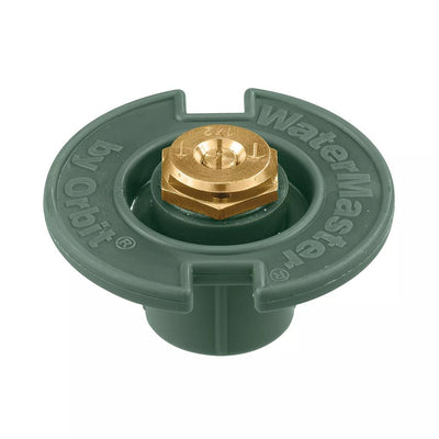 Green plastic half spray pattern flush head sprinkler with brass nozzle.