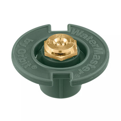 Green plastic quarter spray pattern flush head sprinkler with brass nozzle.