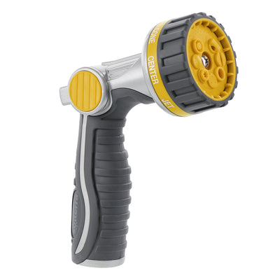 Charcoal, silver and yellow 8-pattern garden hose nozzle with thumb control.