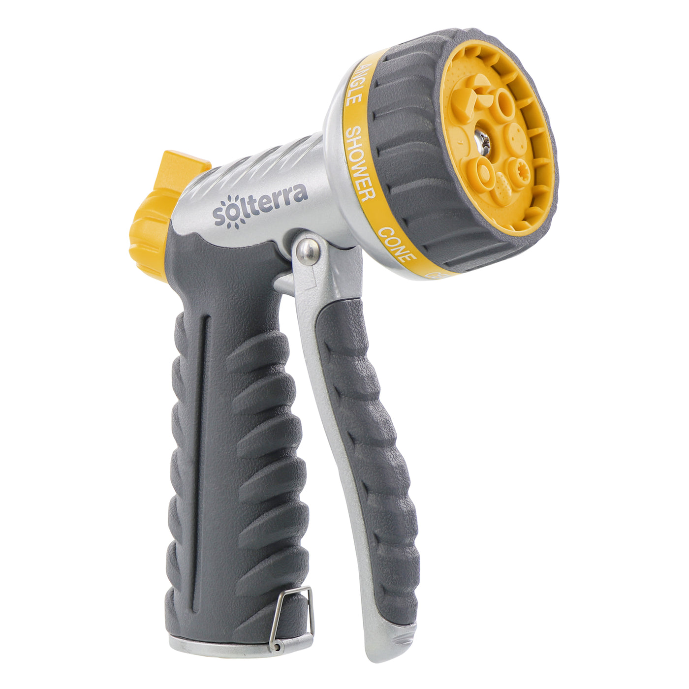 Gray, charcoal and yellow eight pattern garden hose nozzle with front trigger. 
