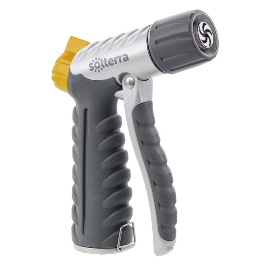 Gray, charcoal and yellow adjustable garden hose nozzle with front trigger. 