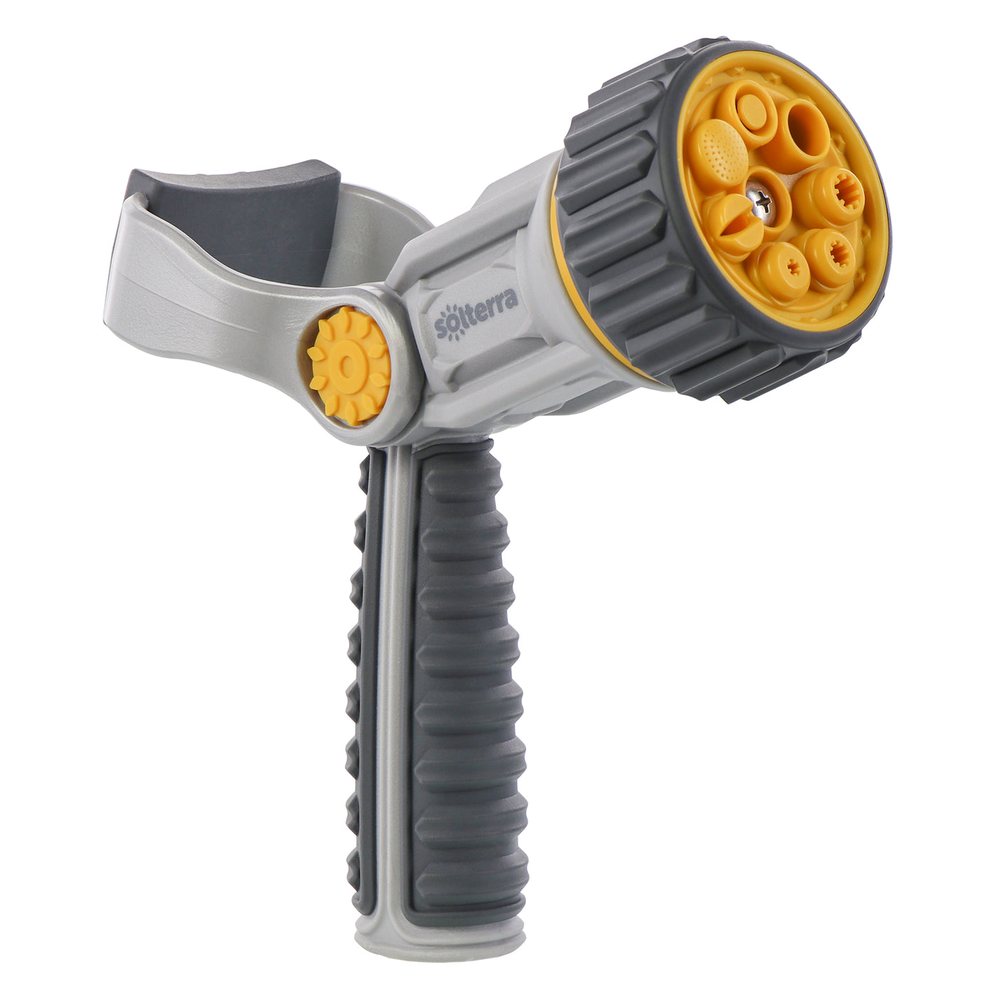 Gray, charcoal and yellow adjustable garden hose nozzle with rear trigger, fireman Lever. 