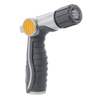 Charcoal, silver and yellow adjustable garden hose nozzle with thumb control.
