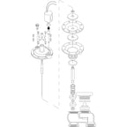 Black and white exploded view technical diagram of a mechanical pump or motor assembly with various components separated vertically.