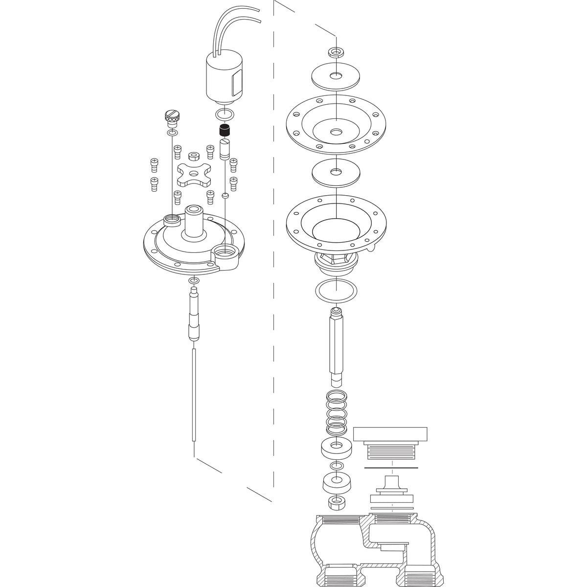 Black and white exploded view technical diagram of a mechanical pump or motor assembly with various components separated vertically.