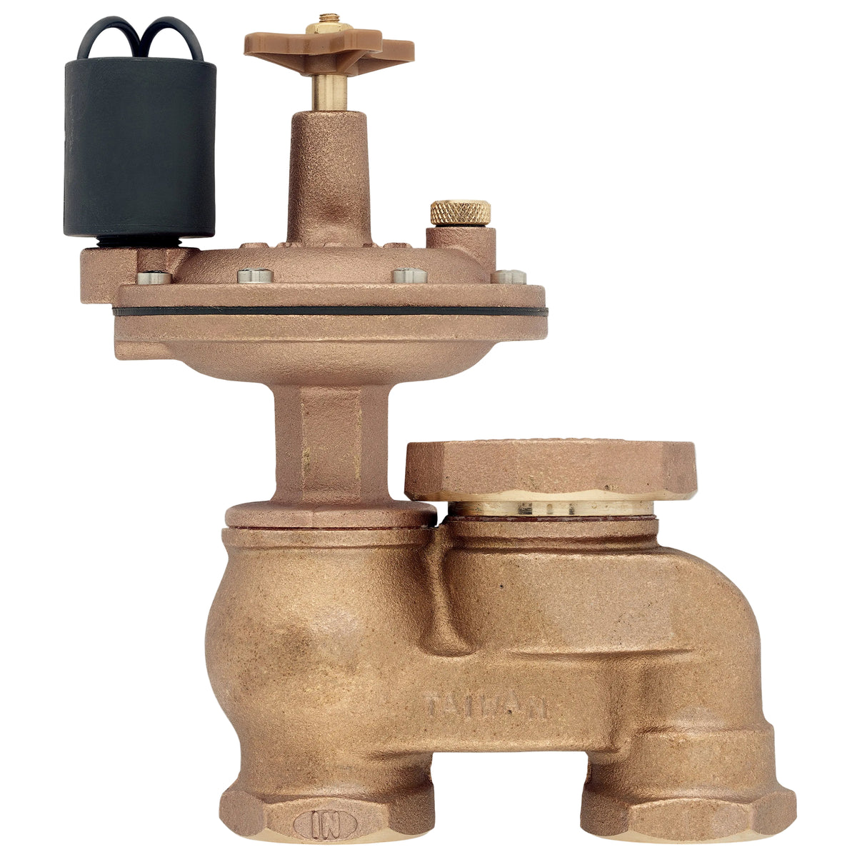 A bronze-toned industrial ball valve with a handwheel, a black cylindrical component on the left, and a hex nut on the valve stem, shown against a white background.