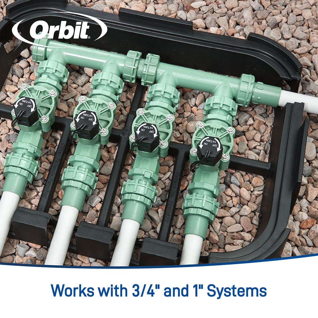 "Works with 3/4" and 1" systems" text overlayed on image of 4-valve manifold in valve box
