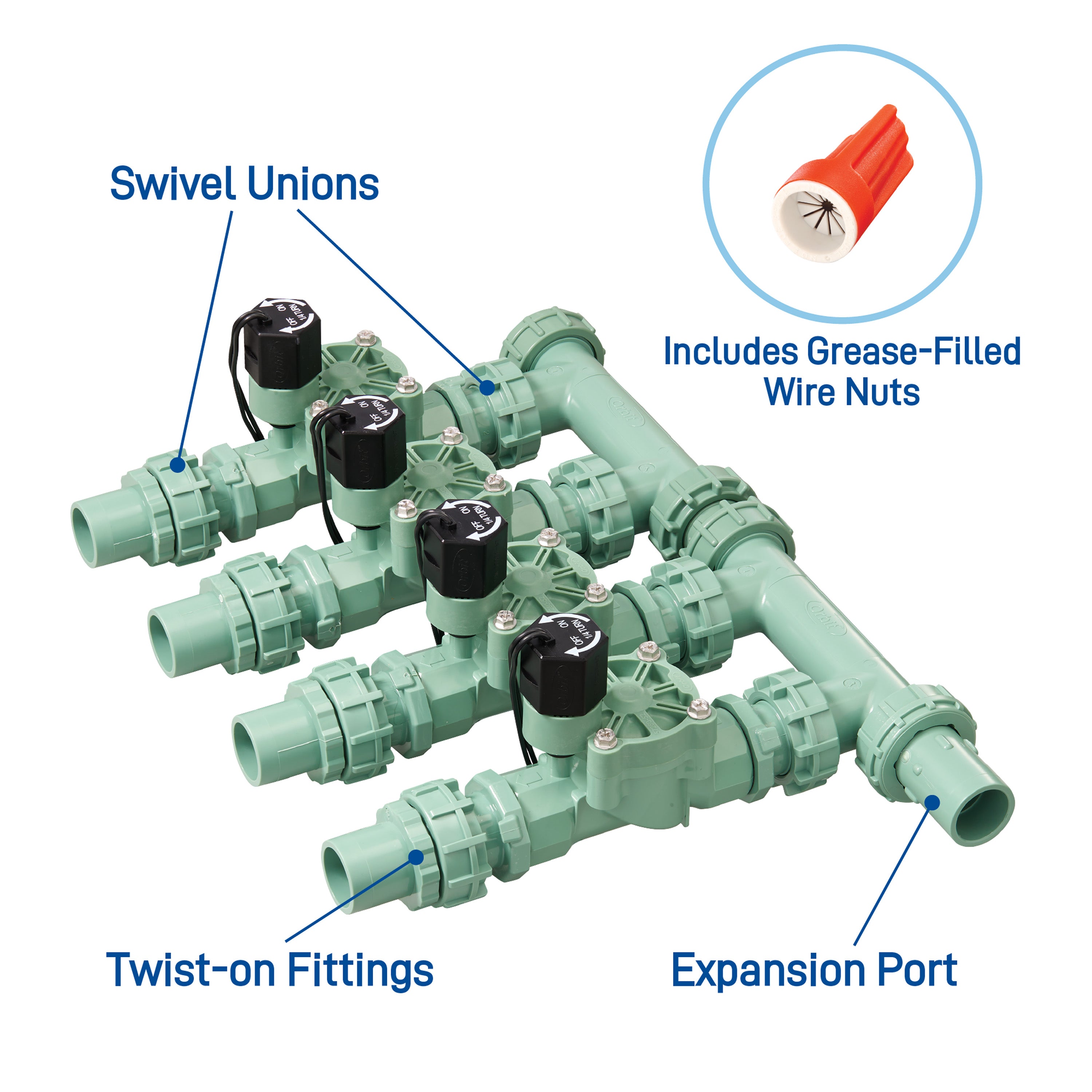 4-Valve Preassembled Manifold with PVC adapters 57257 — Orbit