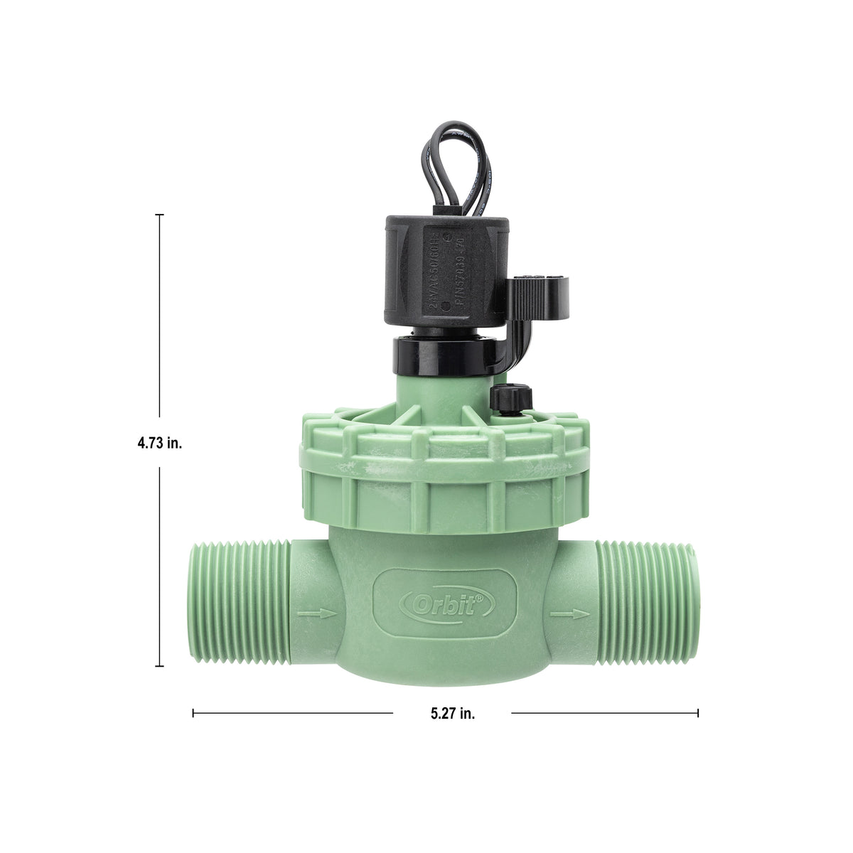A light green and black Orbit drip irrigation valve with dimension lines showing a height of 4.73 inches and a width of 5.27 inches