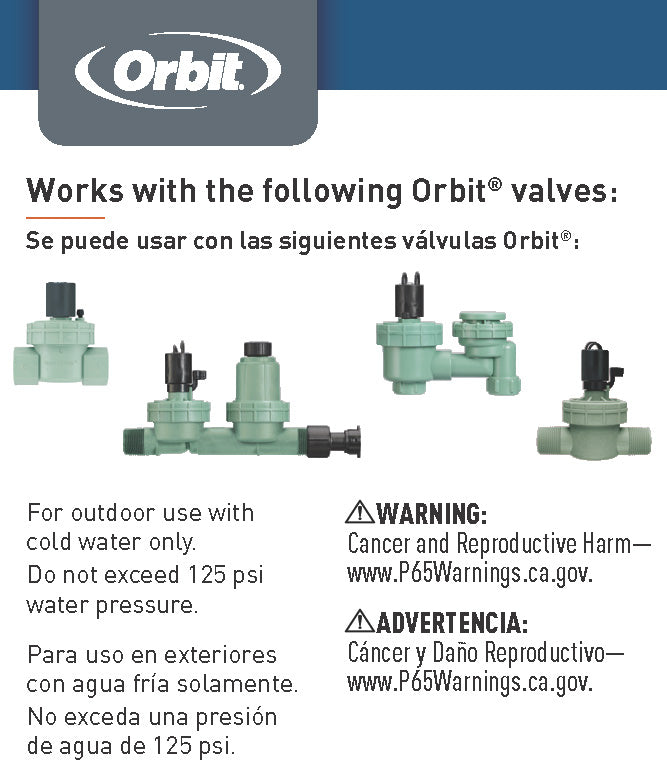 A low-resolution promotional graphic featuring a blue and white header with the text 'Works with the following Orbi.