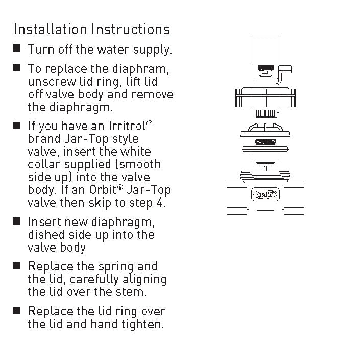 Installation instructions sheet with text steps and a technical diagram of a water filter valve replacement on a white background.