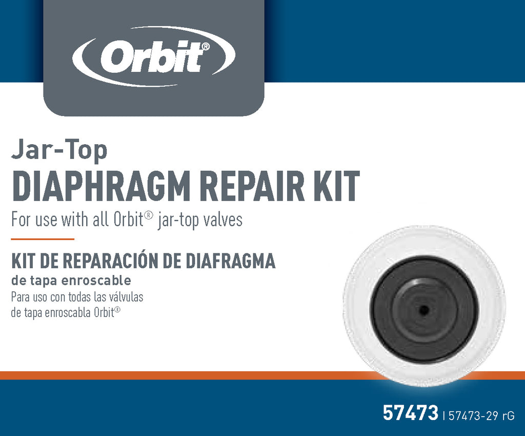 Orbit Jar-Top Diaphragm Repair Kit packaging graphic with a white and blue layout, the Orbit logo at the top, Spanish text, and a small circular diaphragm photo on the right.
