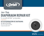 Orbit Jar-Top Diaphragm Repair Kit packaging graphic with a white and blue layout, the Orbit logo at the top, Spanish text, and a small circular diaphragm photo on the right.