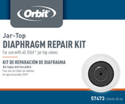 Orbit Jar-Top Diaphragm Repair Kit packaging graphic with a white and blue layout, the Orbit logo at the top, Spanish text, and a small circular diaphragm photo on the right.