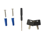 Hardware kit with two blue wall anchors, two silver screws, a flathead screwdriver, and two metal mounting keys on a white surface.