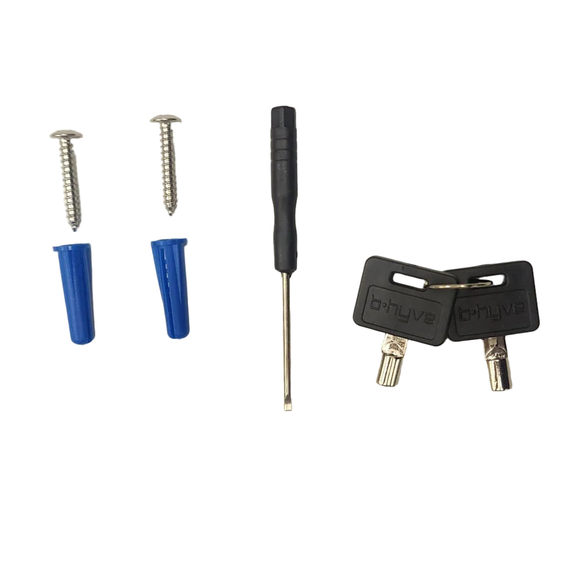 Hardware kit with two blue wall anchors, two silver screws, a flathead screwdriver, and two metal mounting keys on a white surface.