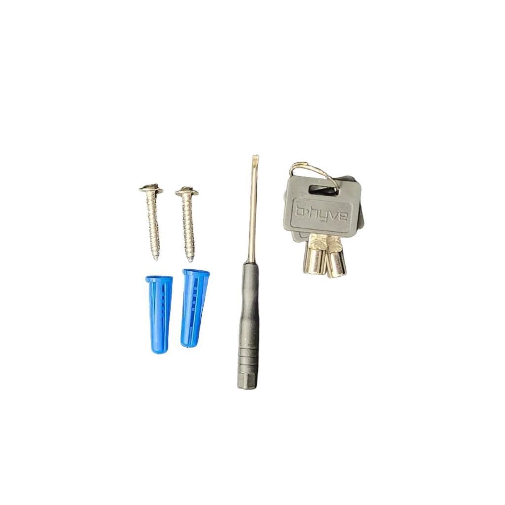 Small hardware kit laid out on a black surface, including two blue plastic pieces, two silver screws, a black-handled tool, and a gray connector, with green artificial grass at the top edge.