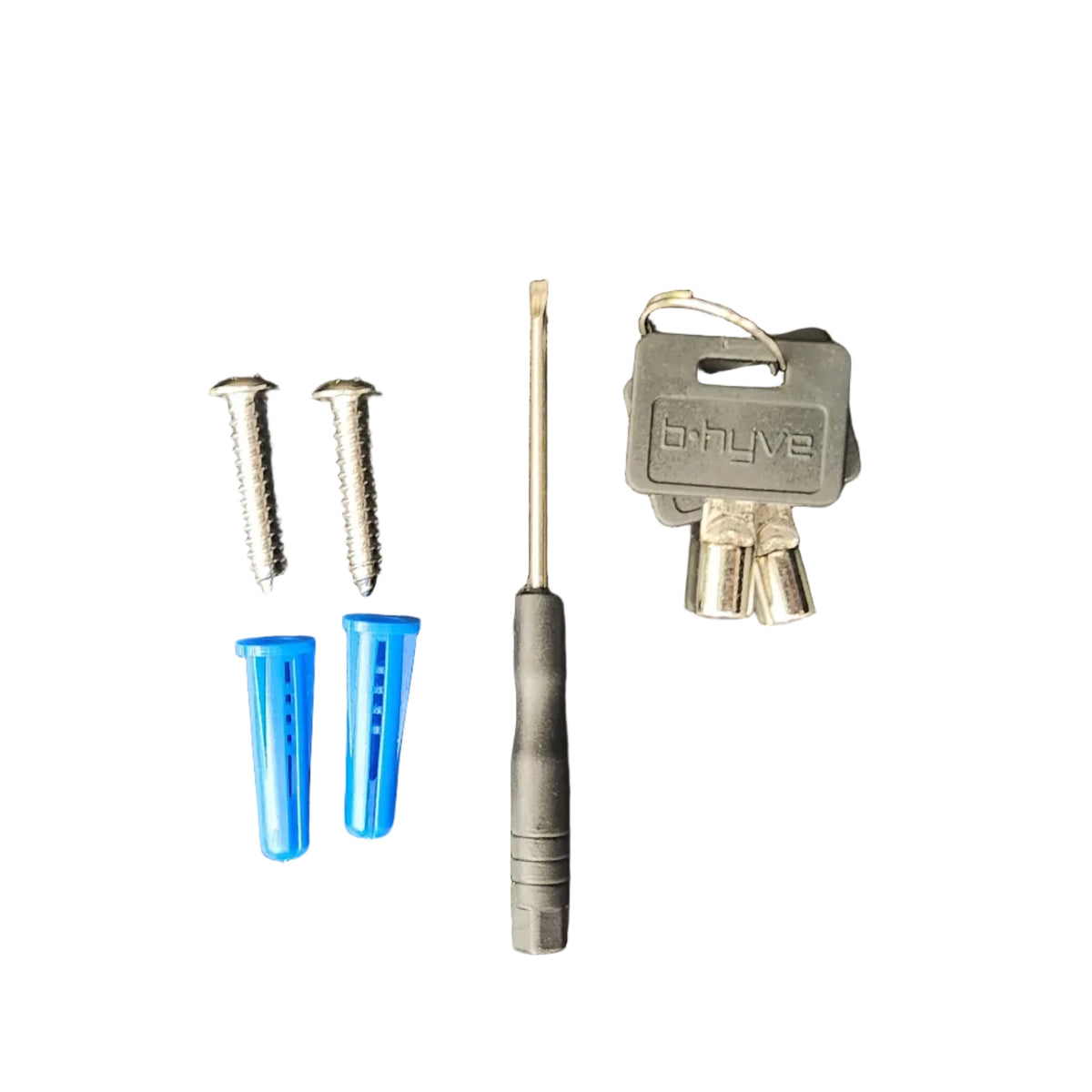 A hardware set with a set of keys, mini screwdriver, 2 wall anchors, and 2 screws