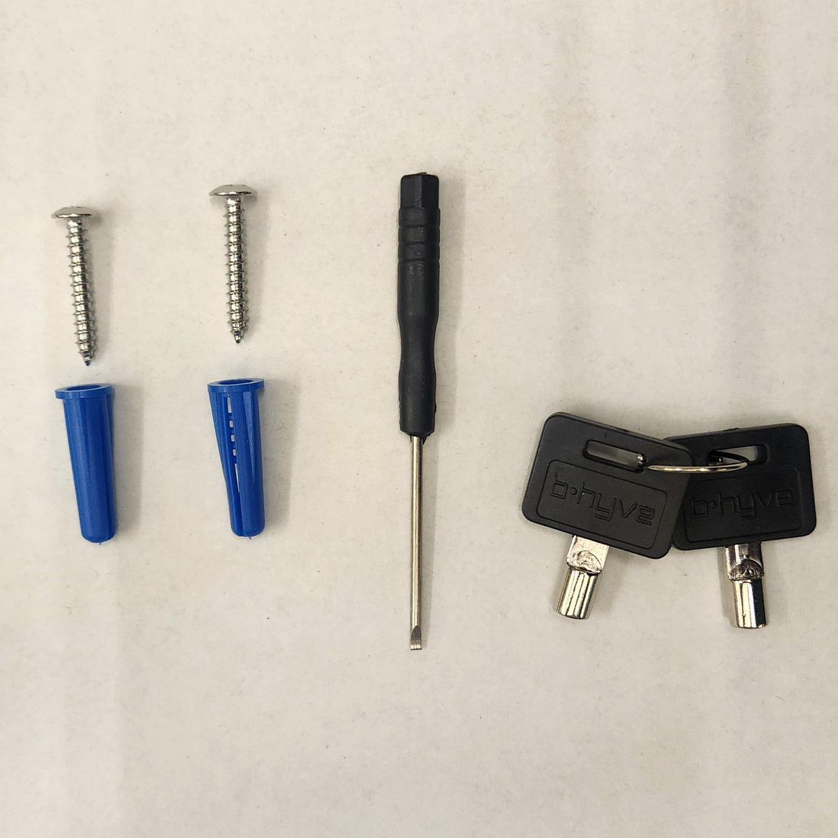 A set of hardware accessories laid out on a white surface, including two blue wall anchors with silver screws, a black-handled flathead screwdriver, and two black keys with silver metal heads.